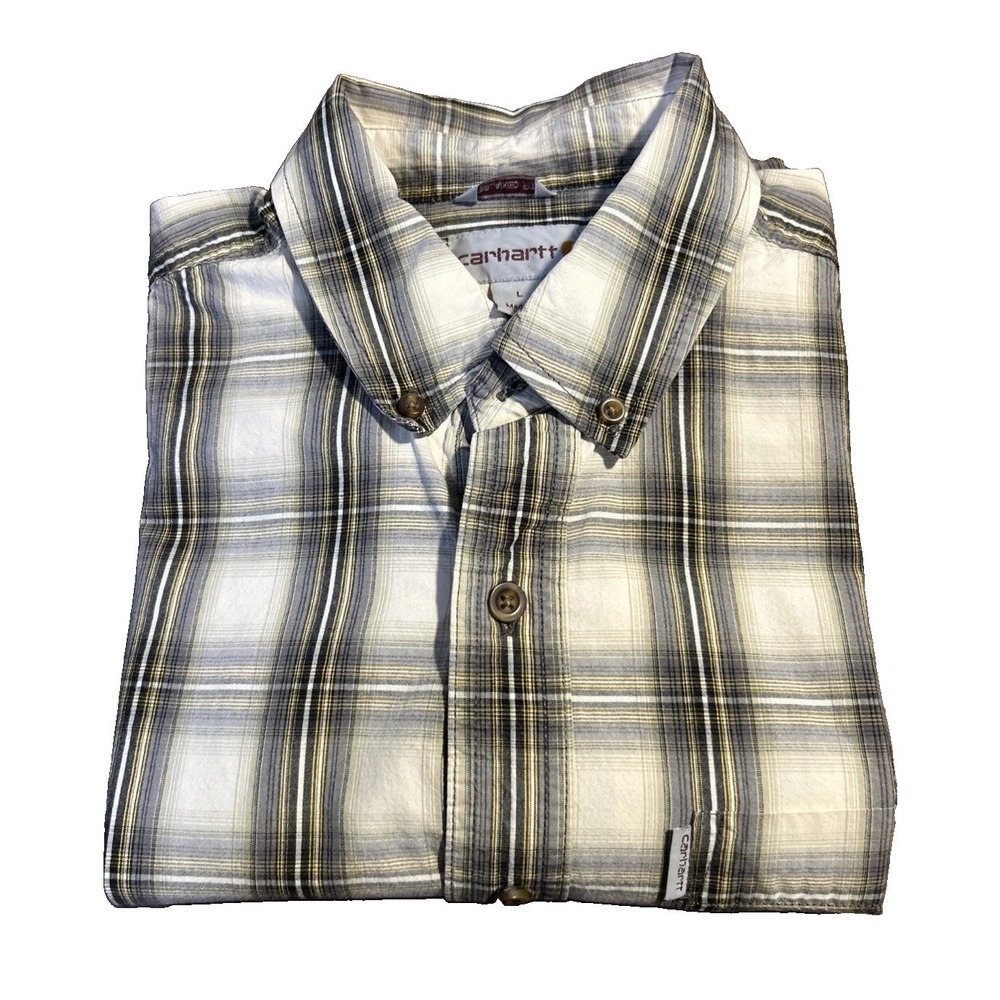 Carhartt Mens Size L Relaxed Fit Lt. Plaid Long Sleeve Button Down Shirt Cotton